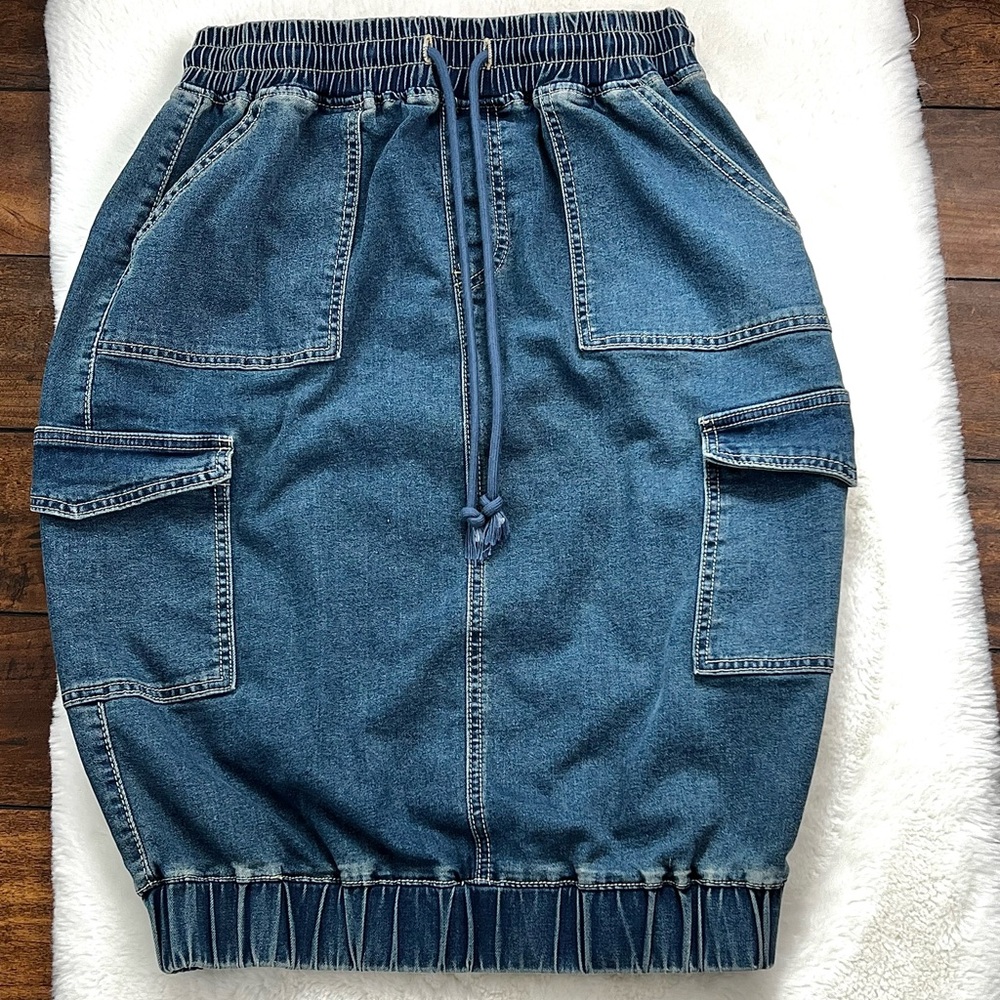 Ashley Stewart Denim Cargo Bubble Skirt Medium Blue Size 10/12 - Picture 7 of 15